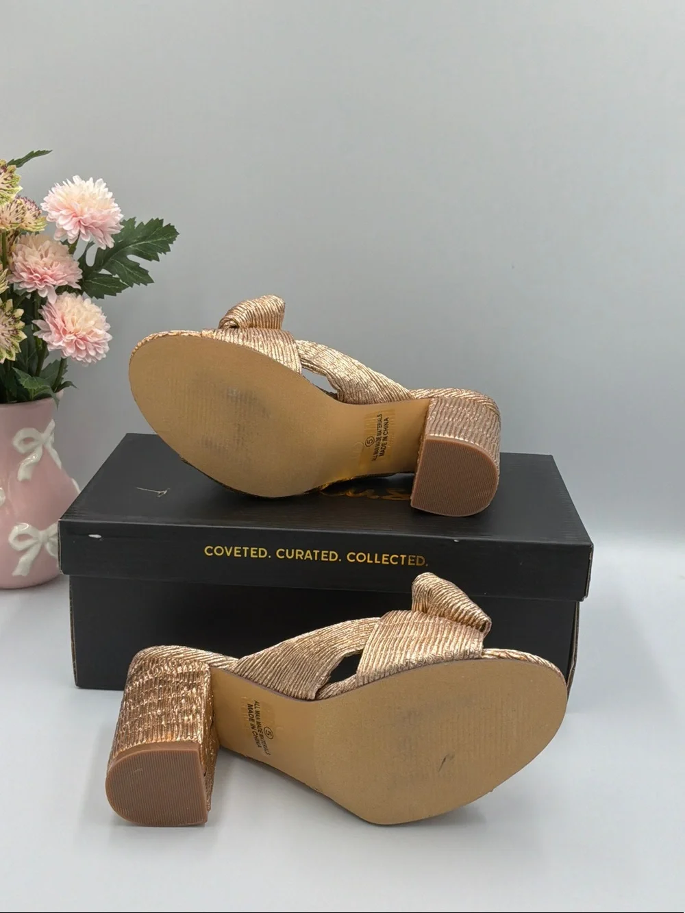 Lulu's Metallic Rose Gold Knot Block Heel Mules